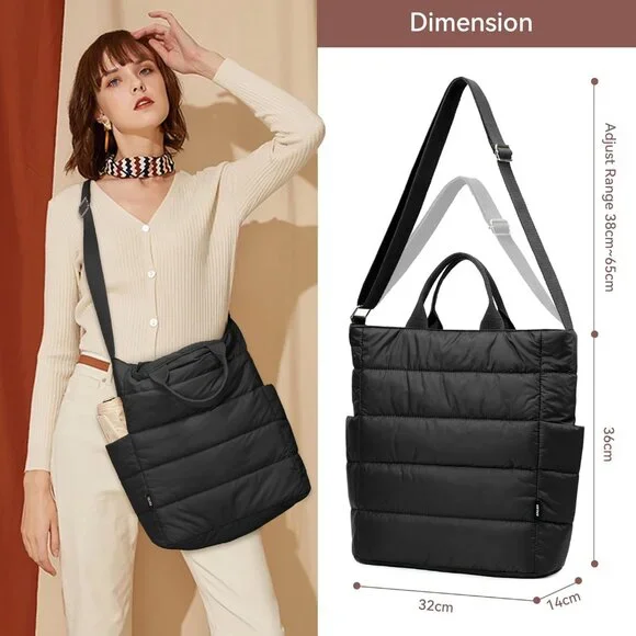 Quilted Tote Bag, Puffer Hobo Laptop Bag Anti Splash Crossbody Zipper Shoulder B